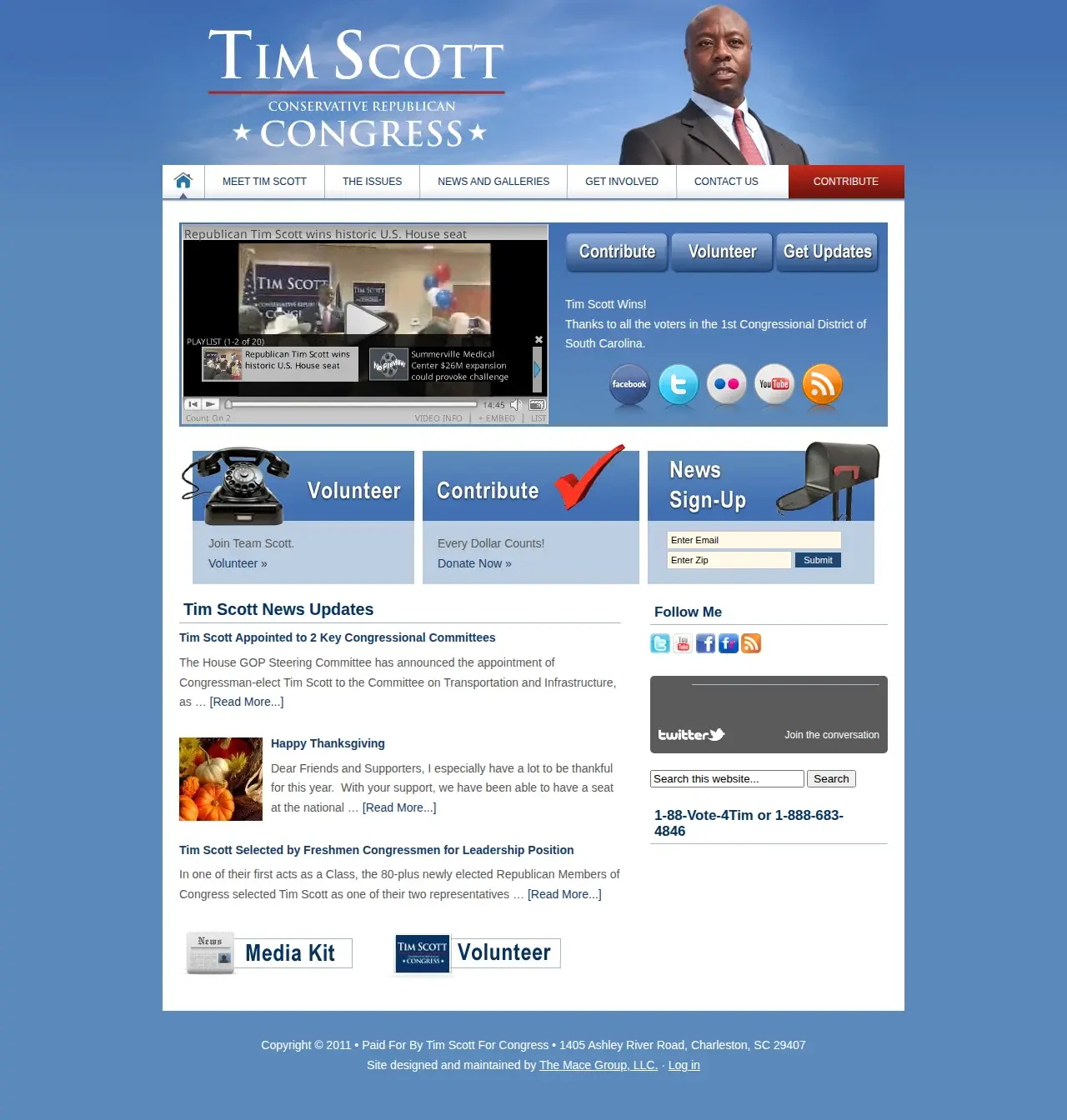 The 2010 Tim Scott for Congress campaign website, January 2011 archive snapshot, showing the WordPress build delivered through The Mace Group LLC.