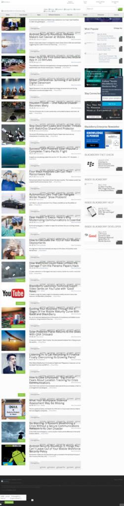 Full-page scroll of the BlackBerry Business Blog homepage from May 2016: enterprise mobility content and cross-blog navigation visible.