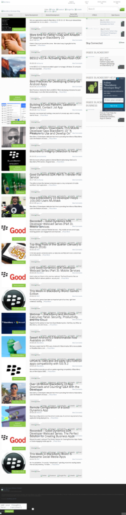 Full-page scroll of the BlackBerry Developer Blog homepage from June 2016: dev-rel category navigation and SDK release content visible.