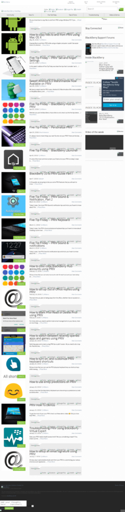 Full-page scroll of the BlackBerry Help Blog homepage from June 2016: troubleshooting article index and support-audience navigation visible.