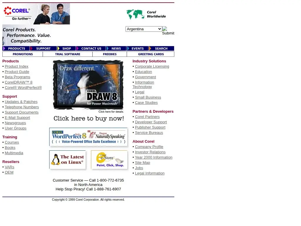Screenshot of corel.com from January 16, 1999: the pre-September-2000 Corel Corporation homepage featuring the CorelDRAW 8 for Power Macintosh hero, WordPerfect Suite 8, Linux teaser, and the e-Store entry point.