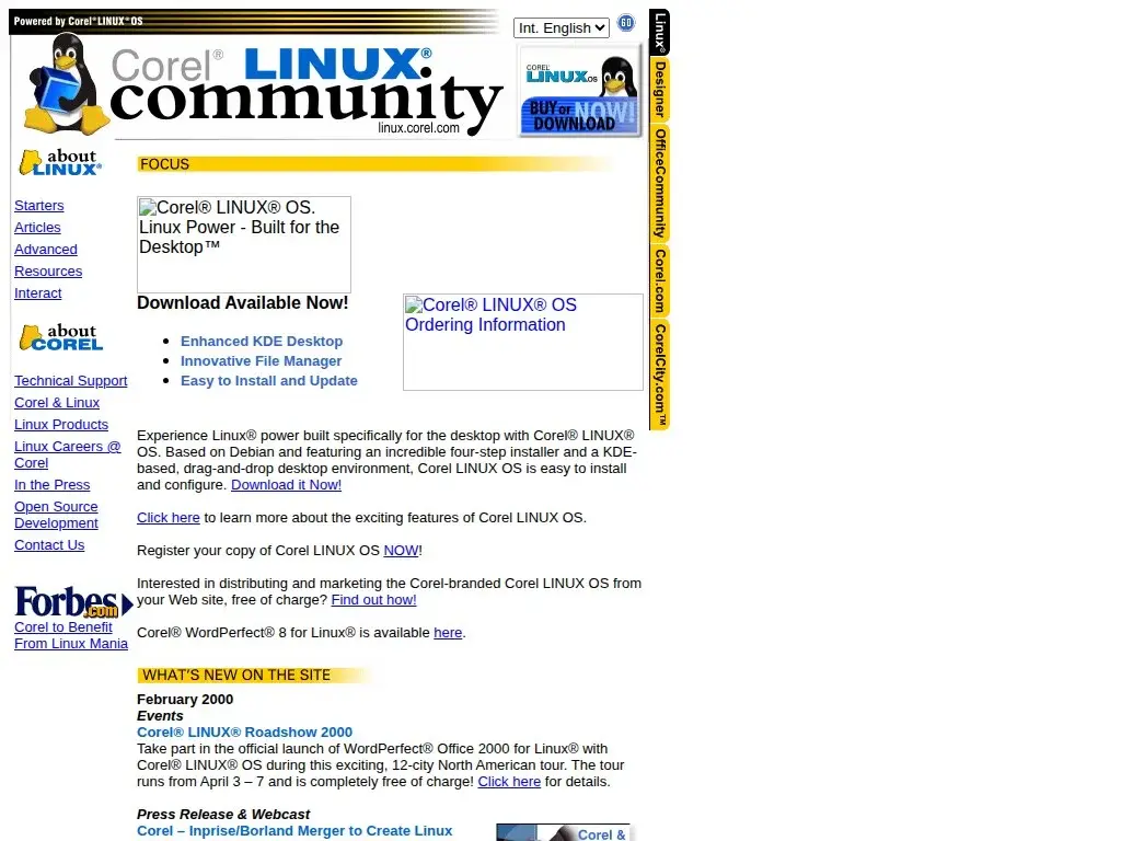Screenshot of linux.corel.com from March 2, 2000: the Corel LINUX community site with the Tux mascot, community navigation, download CTA, and February 2000 community news including the Corel LINUX Roadshow.