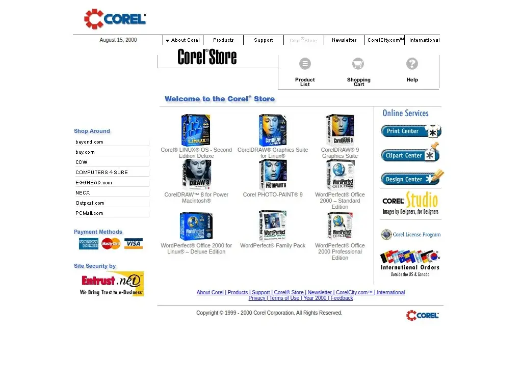 Screenshot of buy.corel.com from August 15, 2000: the Corel Store homepage with product grid for CorelDRAW 9, WordPerfect Office 2000, Corel LINUX OS, and CorelDRAW 8 for Macintosh.