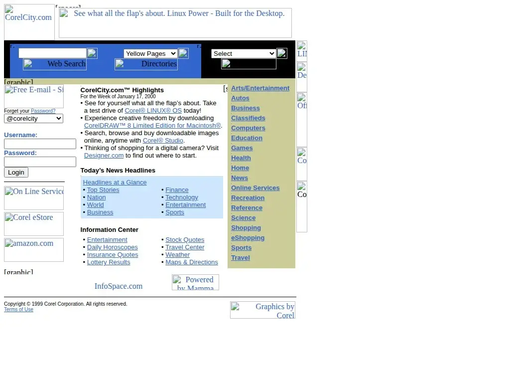 Screenshot of CorelCity.com from January 18, 2000: Corel Corporation's web portal for clients and partners, featuring news headlines, web search, directories, and a category index.
