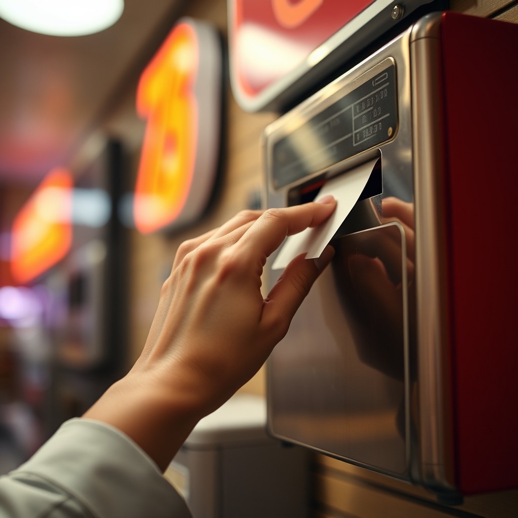 A hand pulling a numbered ticket from a deli-counter dispenser under warm overhead light, the queue system takes everyone in a fixed, fair order.